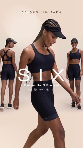 A clean, minimalist 9:16 layout showcasing a model wearing Bermuda shorts with multiple feature callouts highlighted.